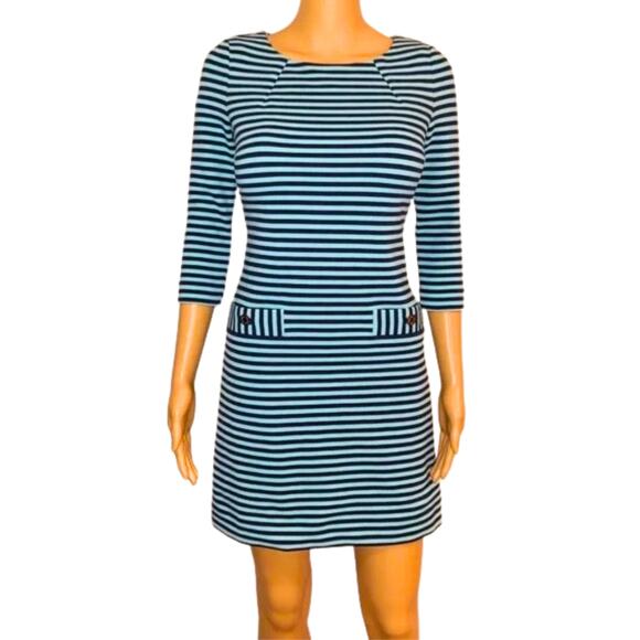 Lilly Pulitzer Womens Extra Small Charlene Shift Dress EUC Teal Navy 3/4 Sleeves - Picture 1 of 6